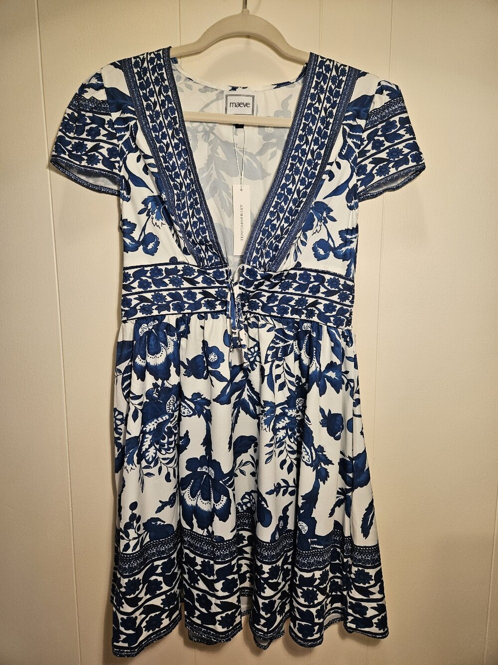 Maeve Blue and White Floral V-Neck Mini Dress